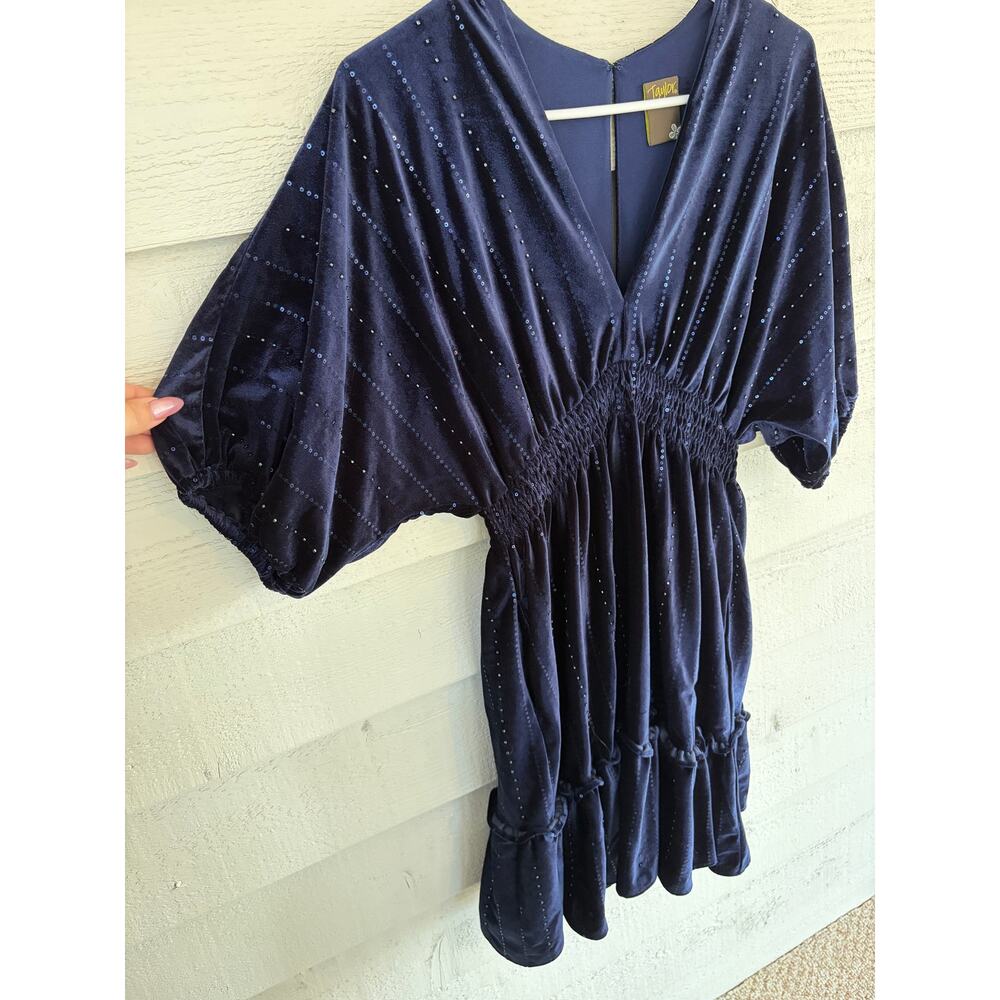 Taylor Navy Velvet Sequin Dress Size 4 Smocked Waist Party Dress - Picture 3 of 7